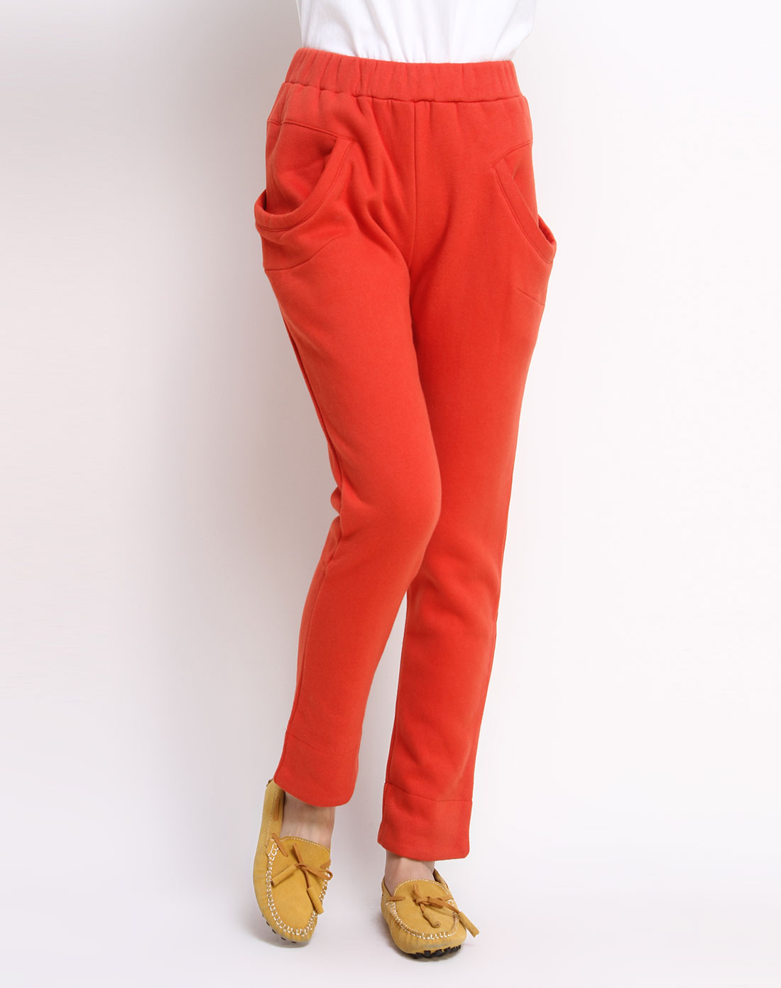 橘红色舒适休闲针织长裤