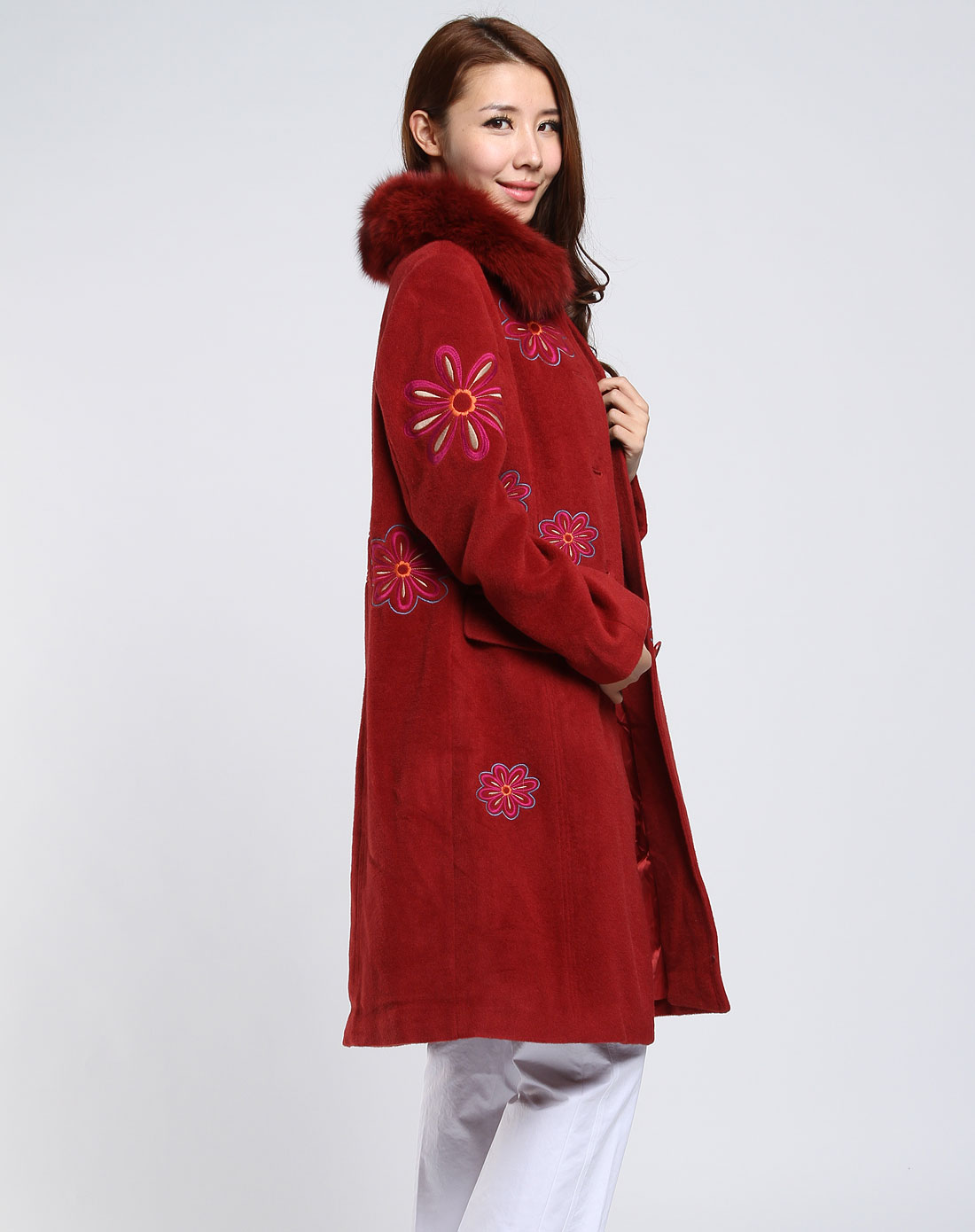 juzui 女款花锈红中长大衣