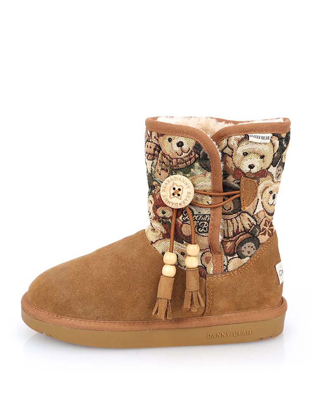 女款迷彩墨绿配棕色精灵熊流苏纽扣两穿中筒雪地靴