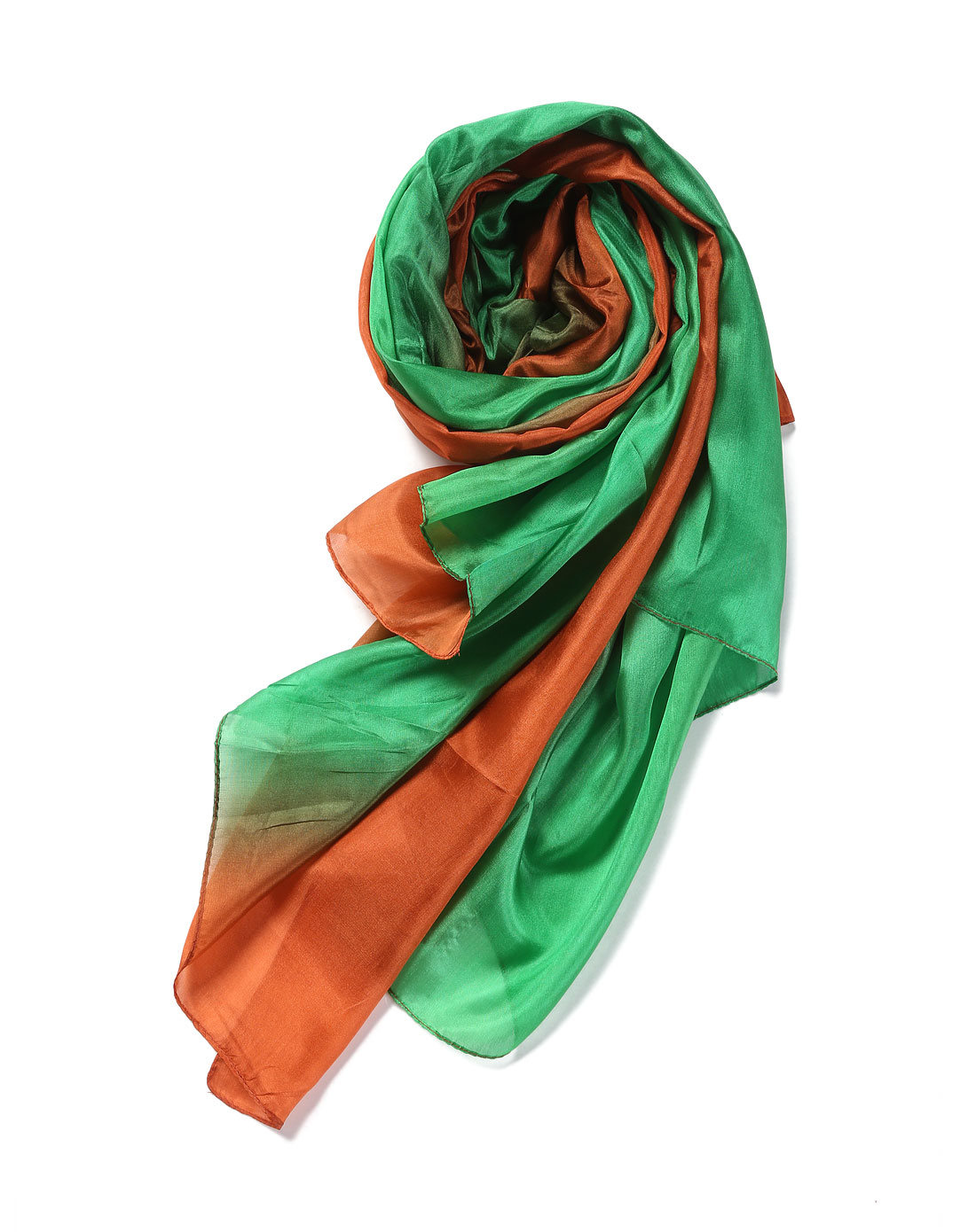 女款橙棕绿色渐变气质100%桑蚕丝围巾