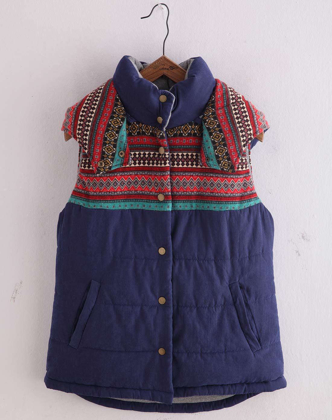 <em>初语</em>深蓝/红色舒适印花<em>棉马甲</em>346110001149_