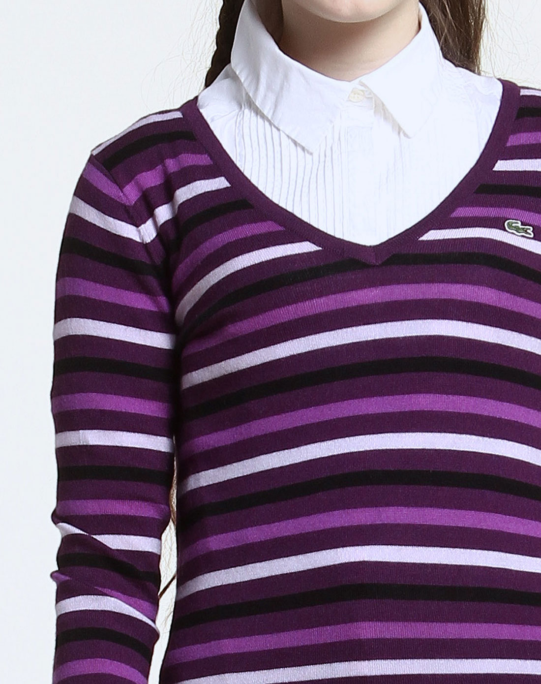 女款v领经典紫色条纹长袖羊毛衫