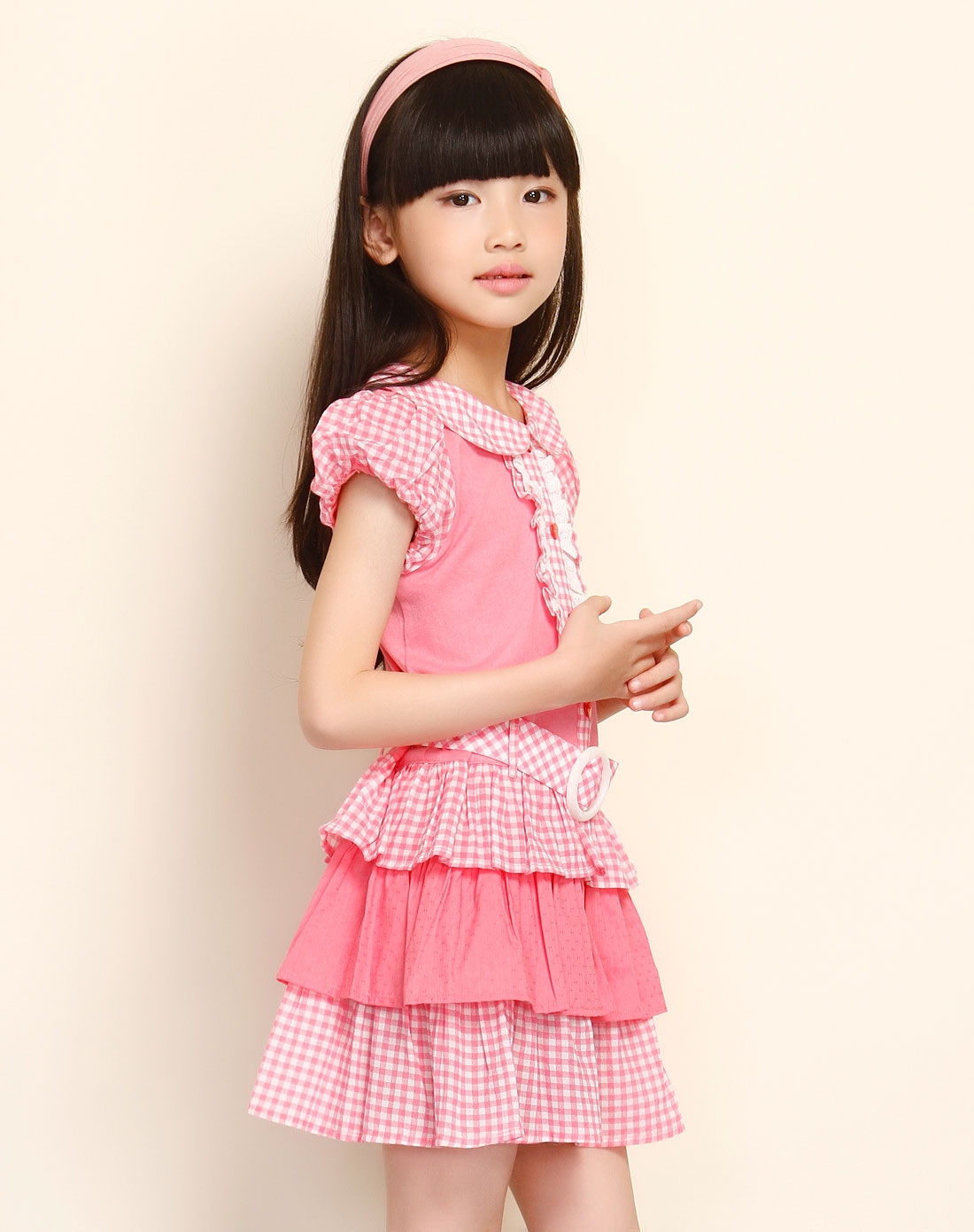 女童粉红色甜美格子短袖连衣裙