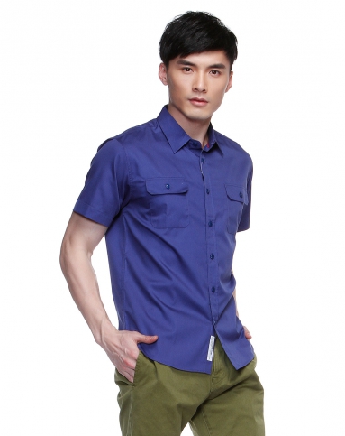 男款紫蓝色休闲短袖衬衫