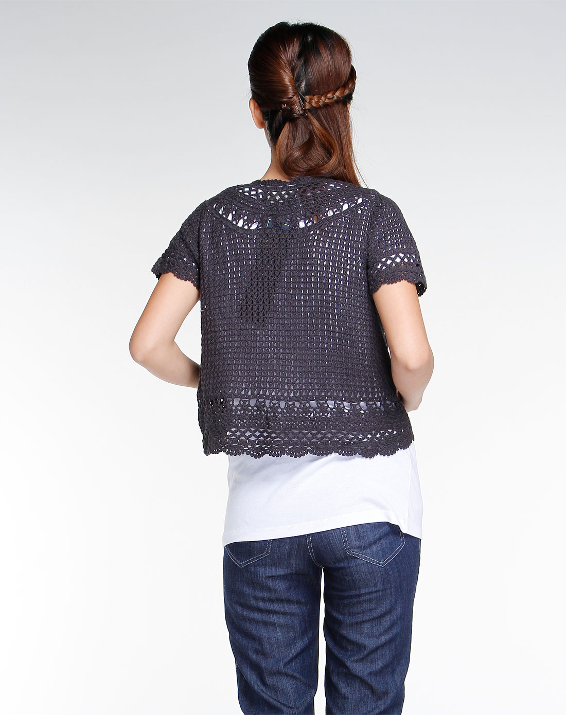 club黑色手工<em>钩针</em>短袖<em>开衫</em>