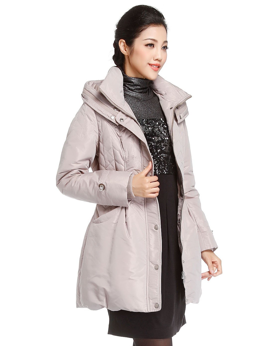 歌蒂诗guetes女装专场 灰卡其色温暖简洁拉链长款长袖羽绒服