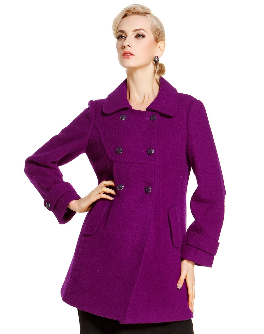 深紫色翻领浪漫长袖长款大衣