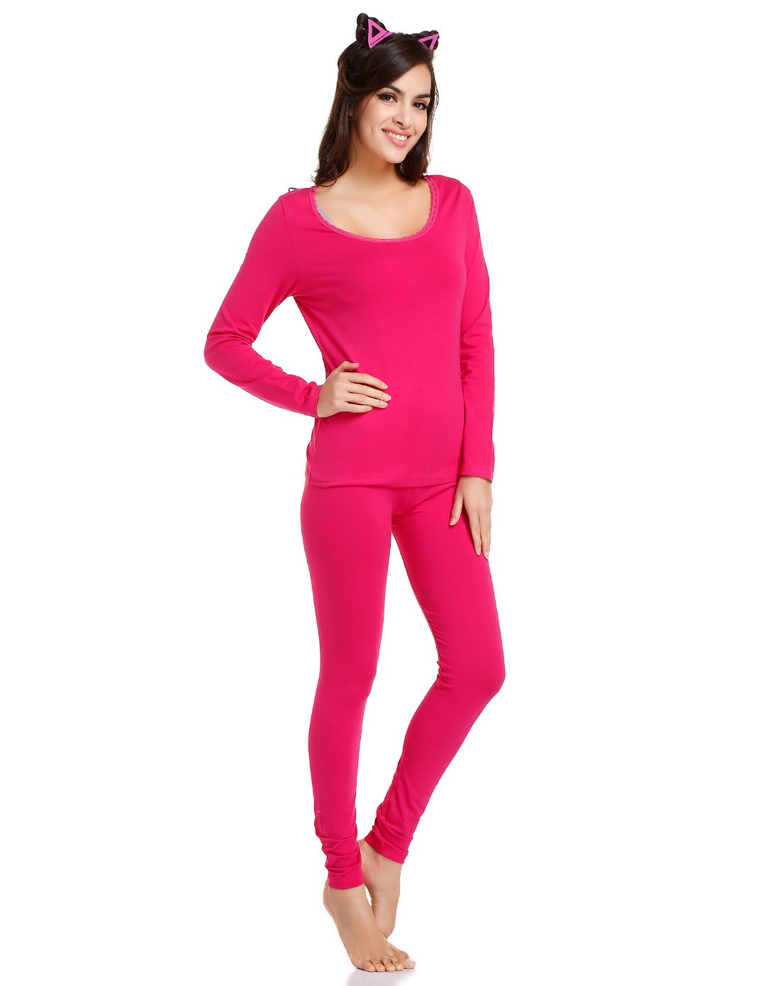 猫人Miiow家居保暖男女女款玫红色圆领舒适长