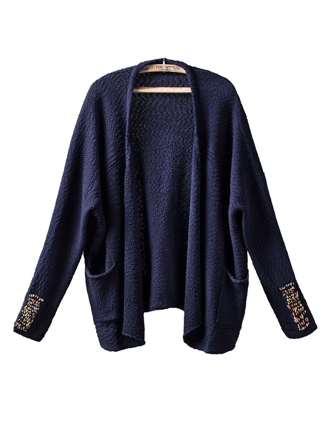 藏青蓝手工绣石毛衣外套