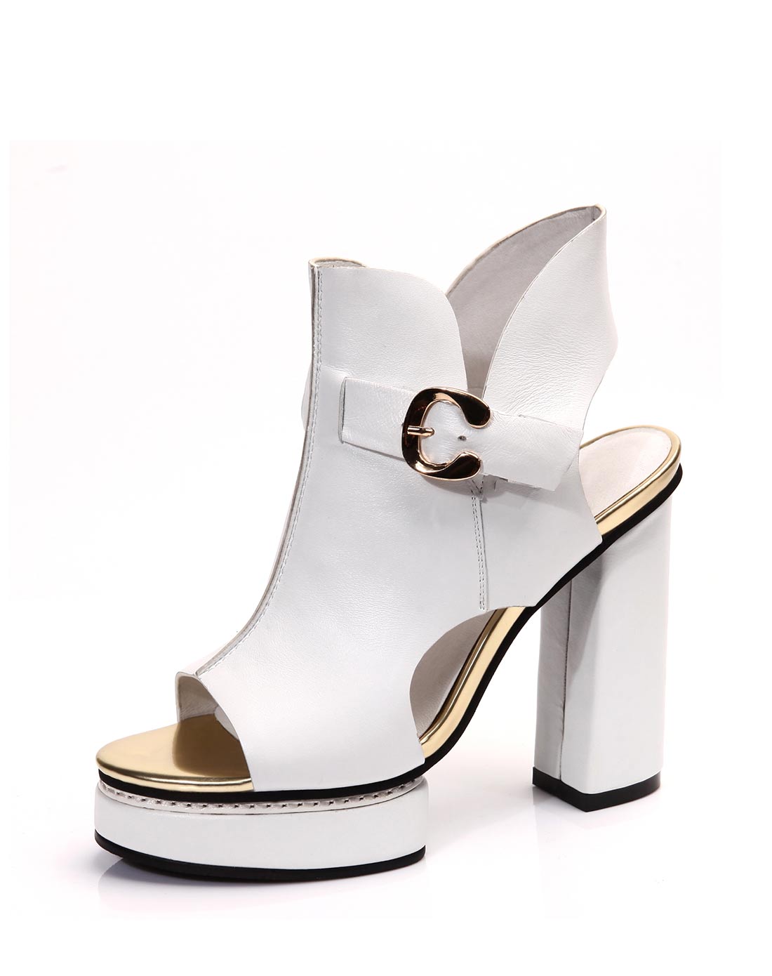 白领丽人bailingliren头层牛皮白色粗高跟鱼嘴鞋