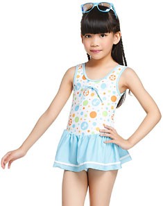 清新柔软 女童款蓝配白色泳衣 连体式