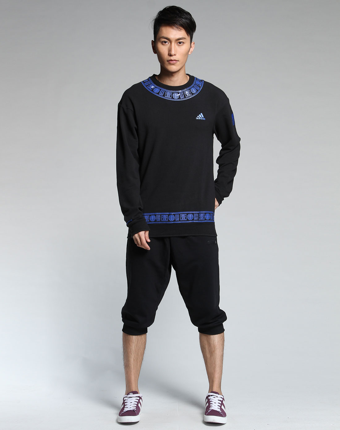 阿迪达斯adidas男装专场-黑色休闲圆领长袖套头t恤