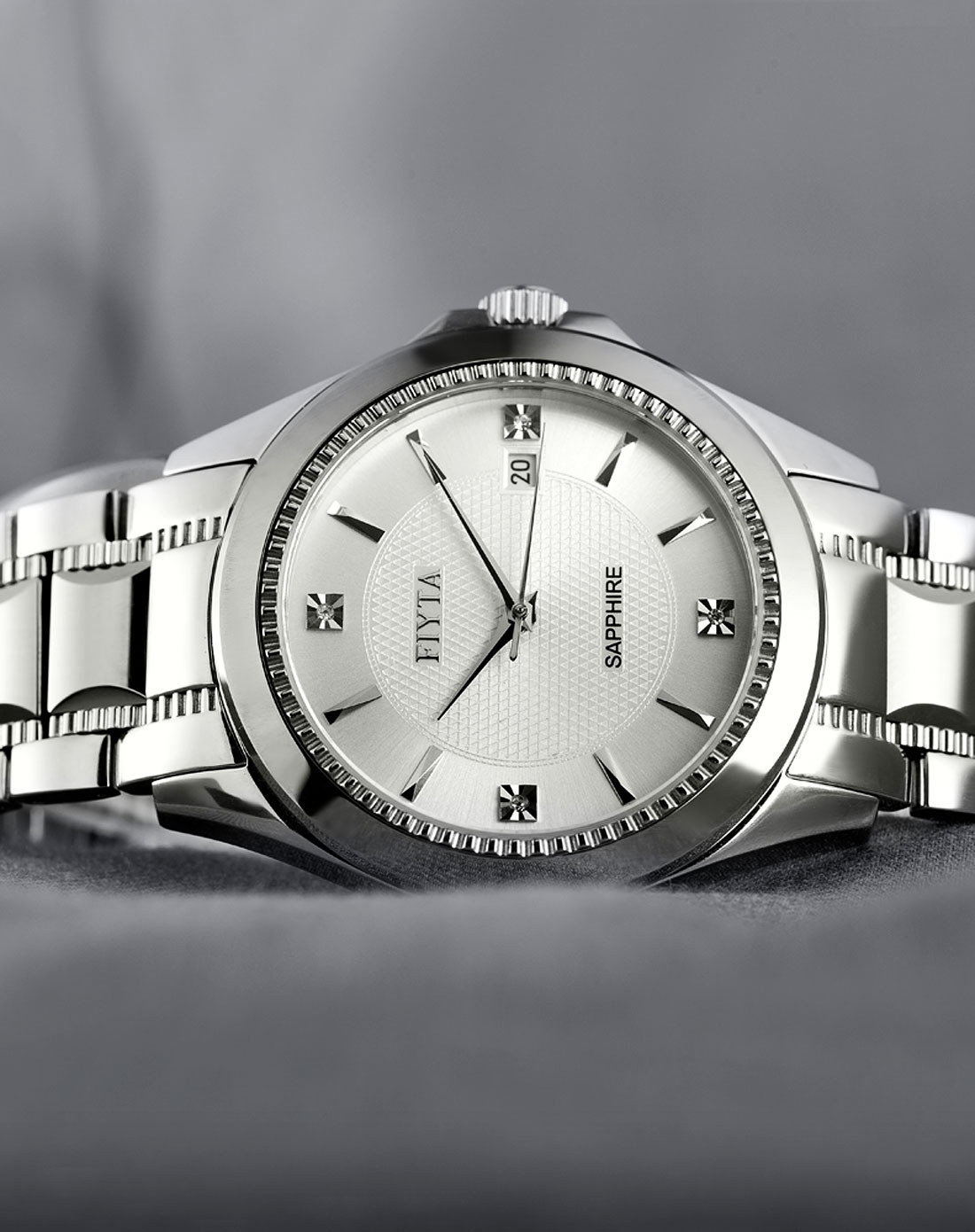 飞亚达fiyta手表专场-男款银白色暗纹商务时尚钢带机械表