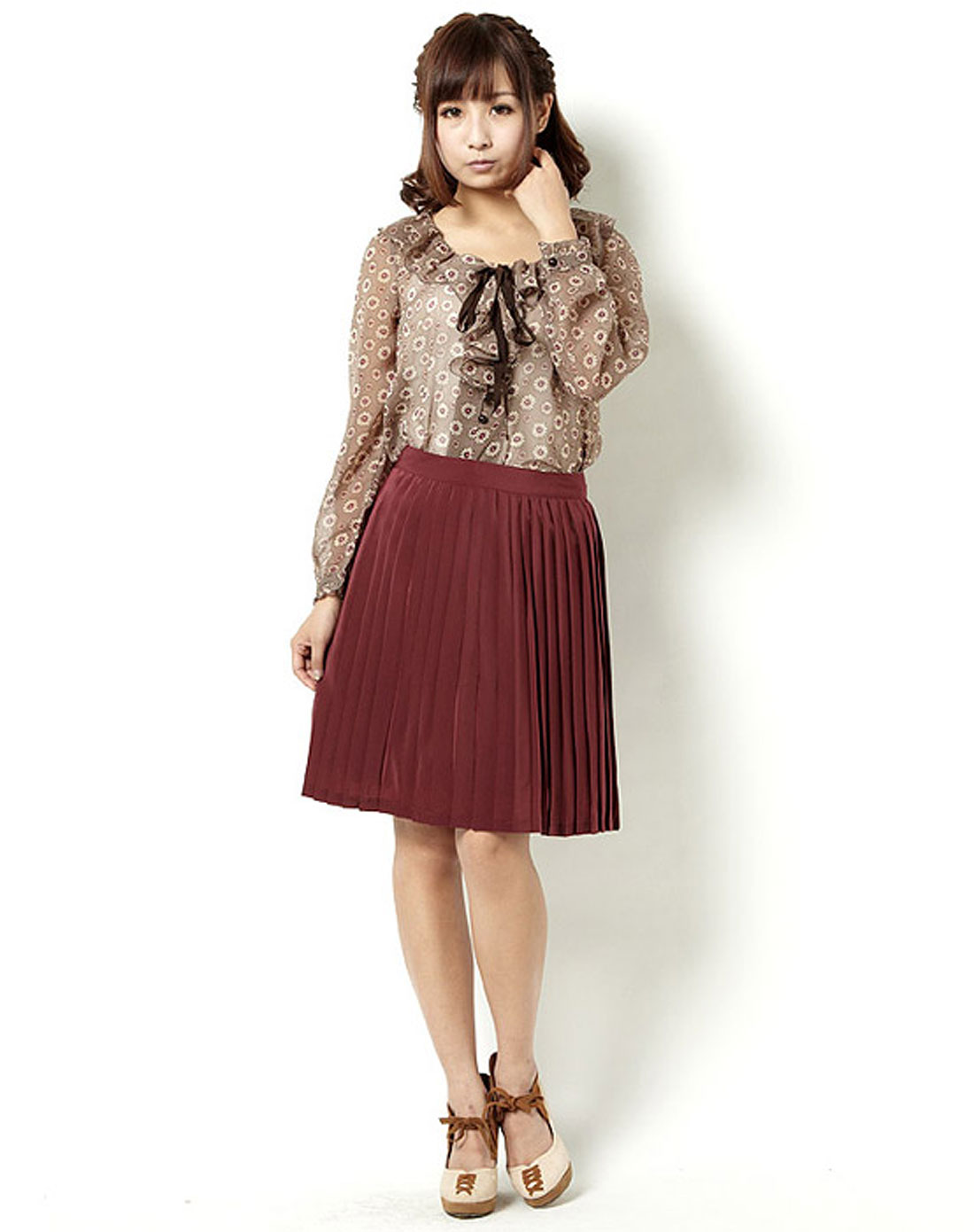 marie morrie 酒红色学院风百褶中裙