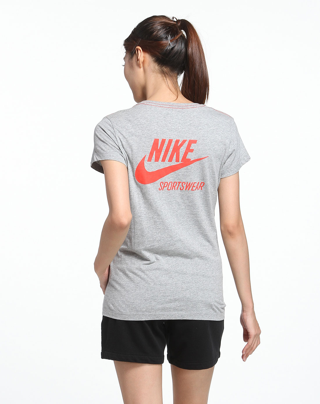 耐克nike女装专场-女款贴布绣字麻灰色短袖t恤