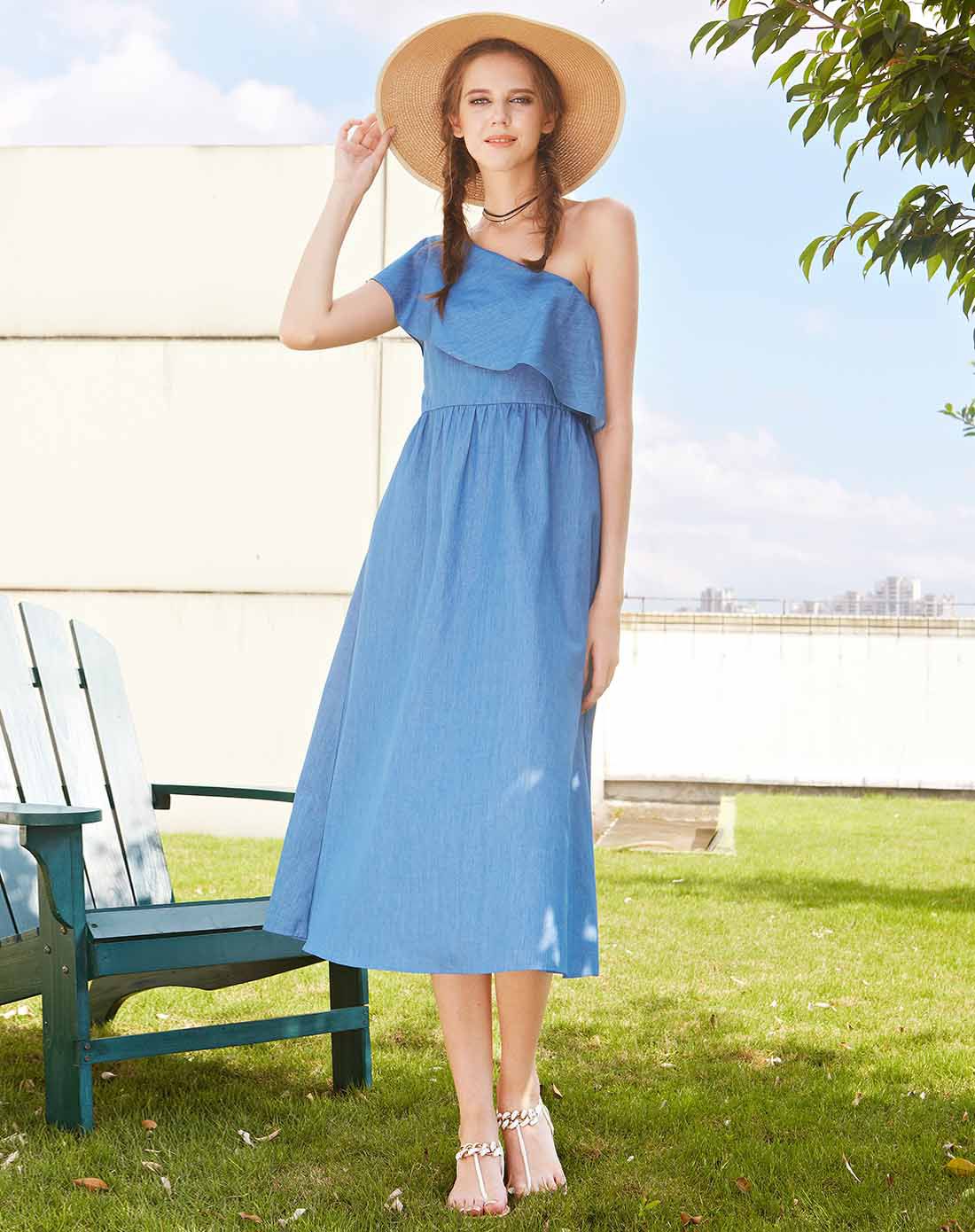 TT.COLOR浅蓝时尚斜肩荷叶边连衣裙T1607S