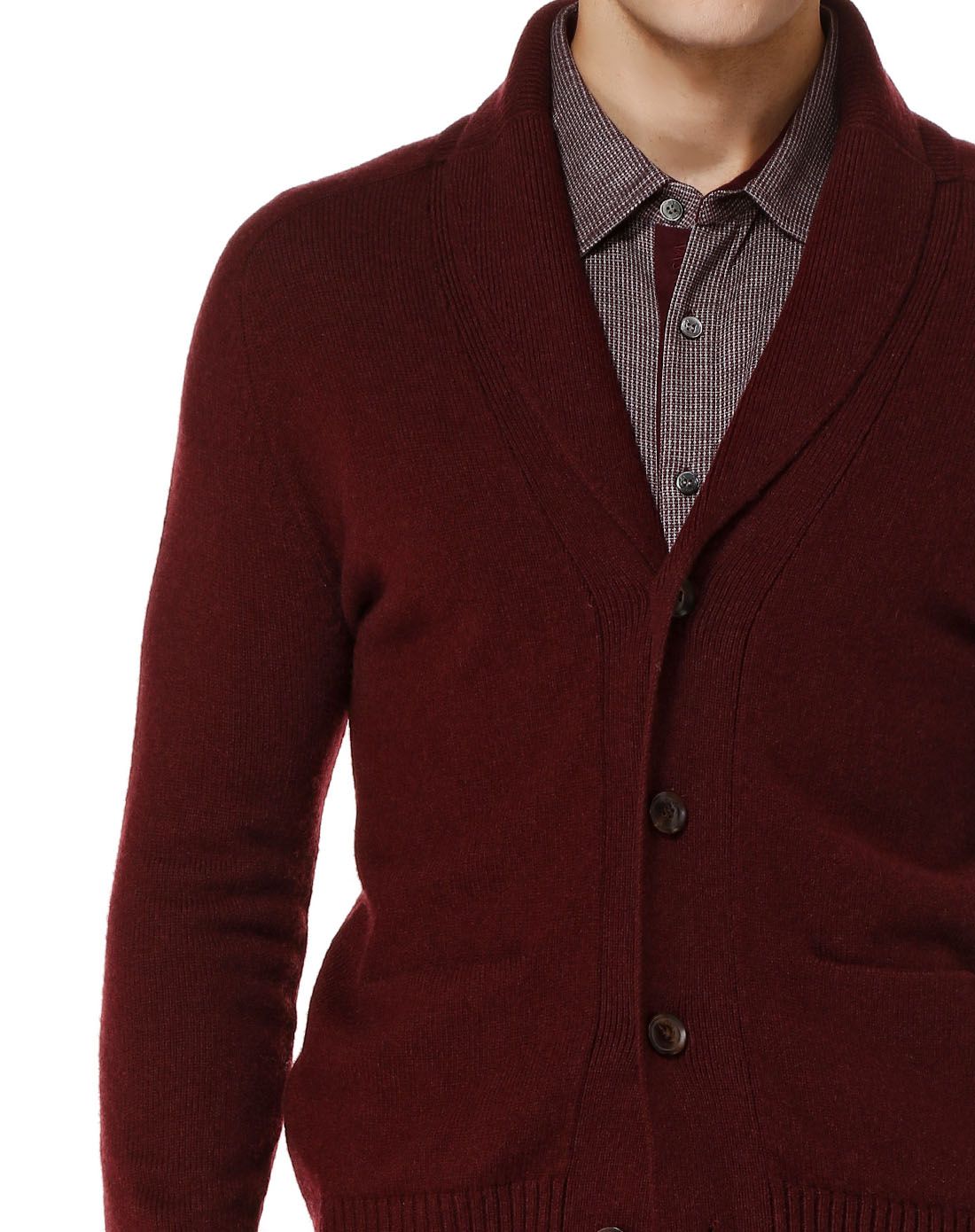 酱红色简约时尚开襟长袖羊毛衫