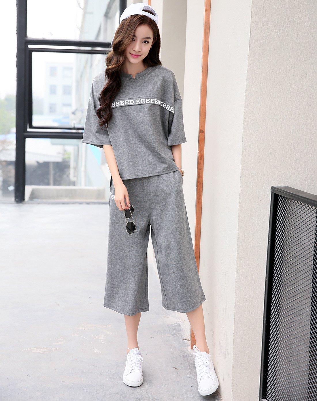 KRSEED韩风原创设计师阔腿裤时尚套装灰色