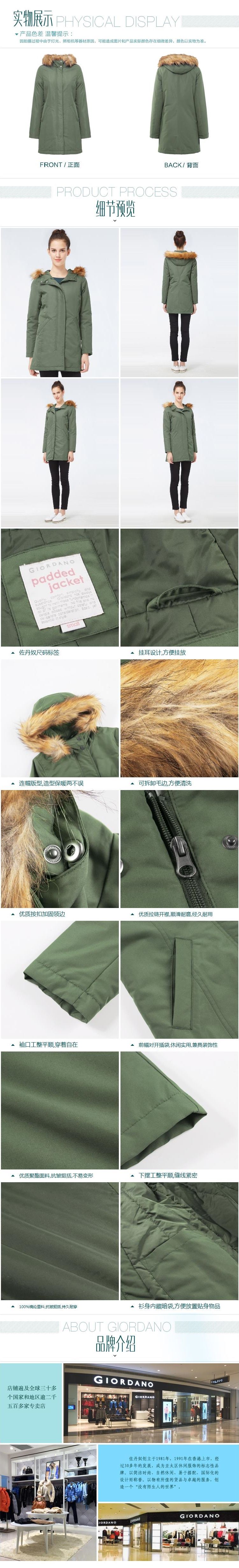 灰橄榄绿色厚实连帽可拆毛边修身中长款棉衣