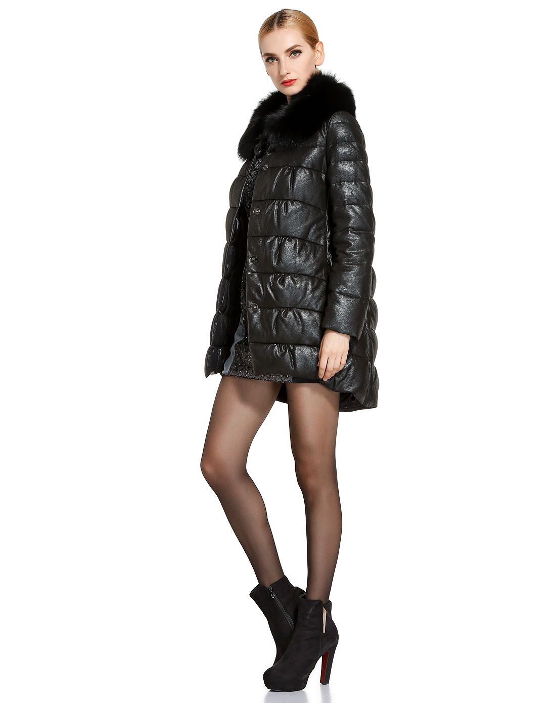 品牌恭贺-阿丹娜黑灰色经典百搭长袖皮羽绒服