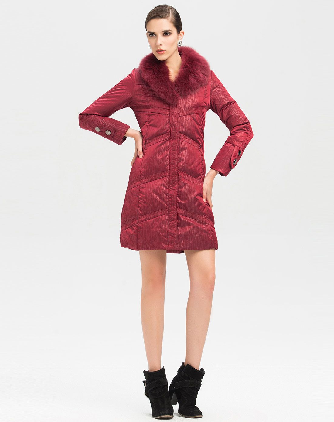 最后约惠-女人我最大专场酒红色毛领中长款时