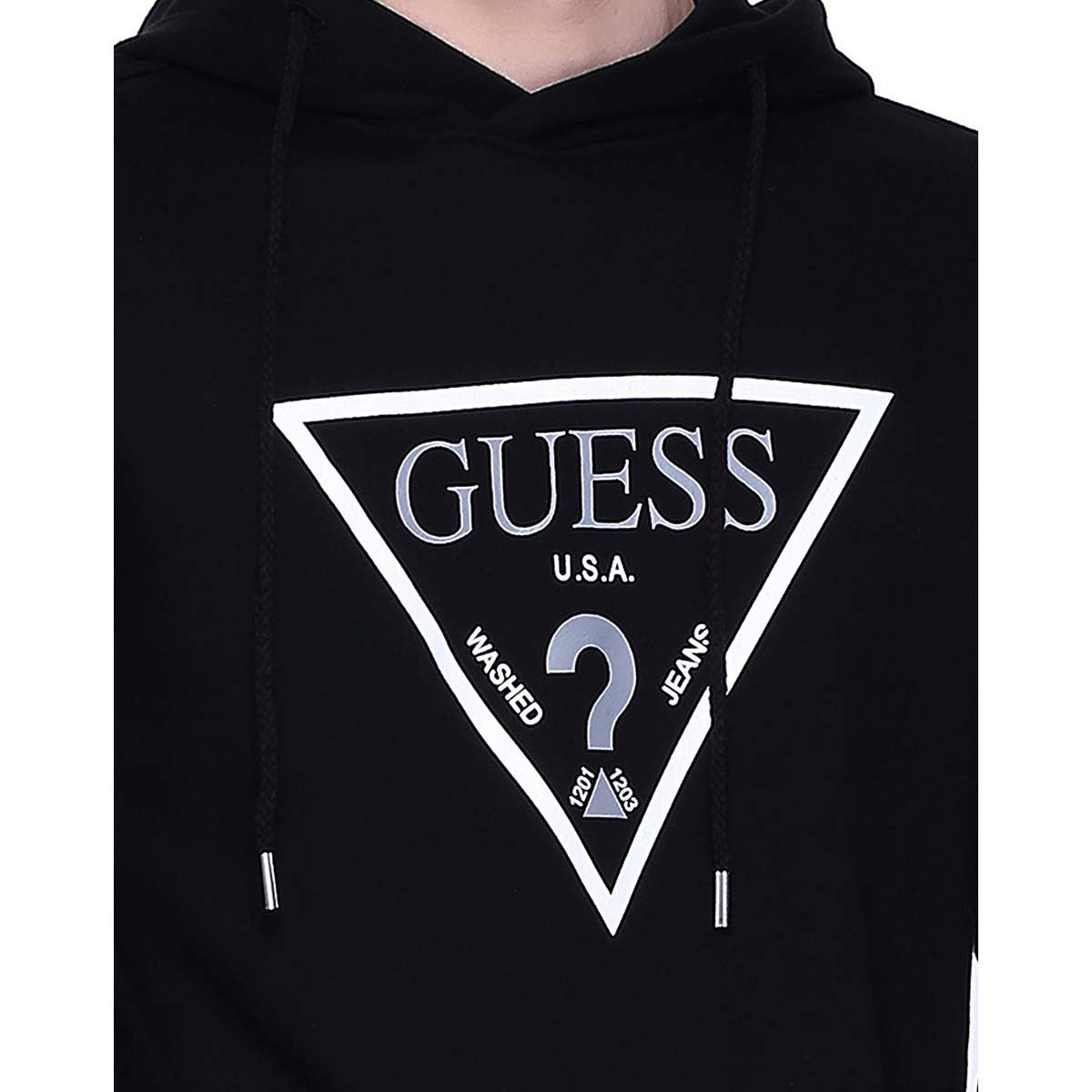 guess 男士倒三角logo印花连帽系带纯棉套头卫衣