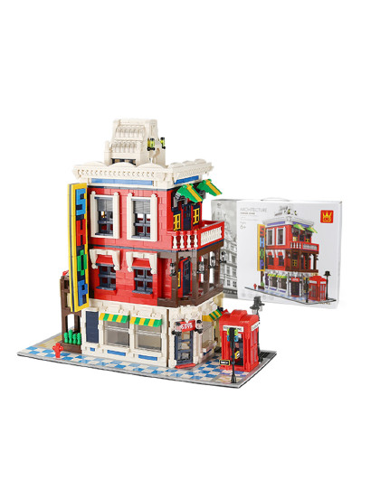 万格小颗粒积木兼容乐高转角商店建筑系列城市街景 拼装玩具客厅摆设