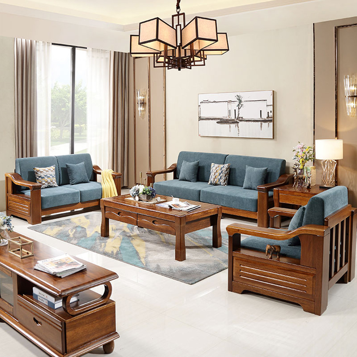 金丝胡桃木沙发新现代中式全实木沙发经济型木质组合客厅家具
