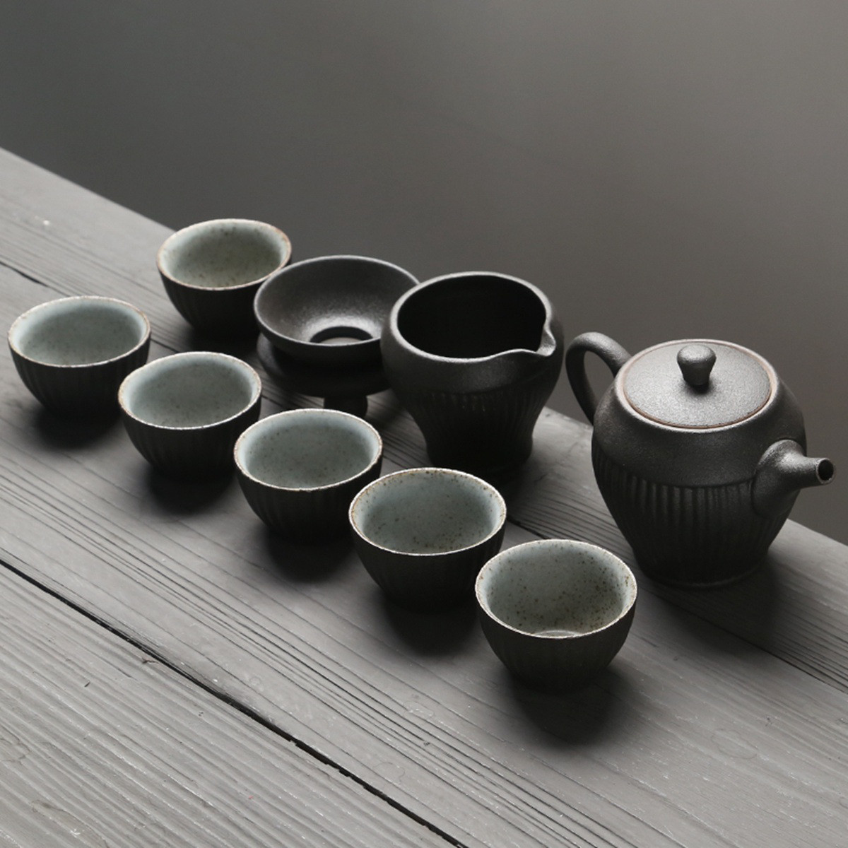 苏氏陶瓷整套茶具粗陶黑炭沙线条壶茶具套装带礼盒茶壶