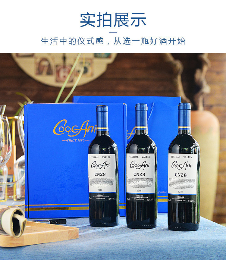 coocani智利原装瓶进口葡萄酒750ml精选级cn28梅洛干红葡萄酒珍藏