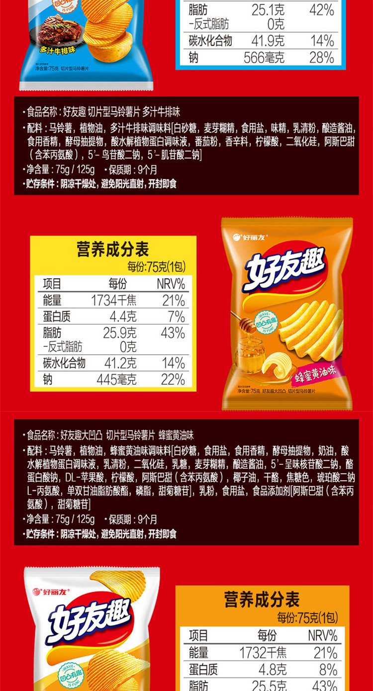 好友趣薯片韩国泡菜红烧牛肉味75g大波浪薯条零食美味