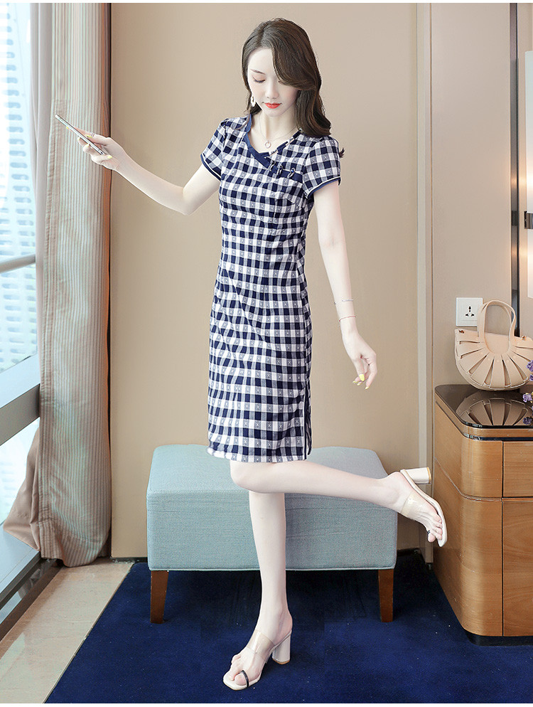 【v领修身格子裙】2021新款改良旗袍显瘦短袖连衣裙女夏