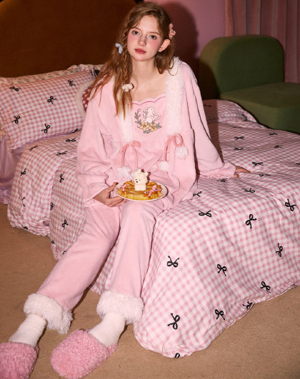 【甜美少女风】睡衣女冬季加绒加厚兔子印花舒适保暖女家居服套装