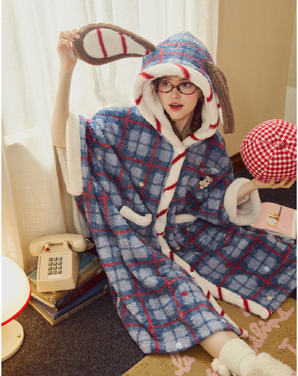 【轰轰小狗】冬季睡衣女加厚加绒高级格纹连帽可外穿家居睡袍