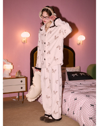 【国风系列】珊瑚绒睡衣女秋冬厚款复古风蝴蝶满印高级感居家套装