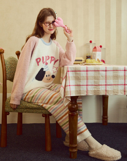 【轰轰小狗系列】睡衣女秋冬厚款雪尼尔半边绒少女家居服外穿套装