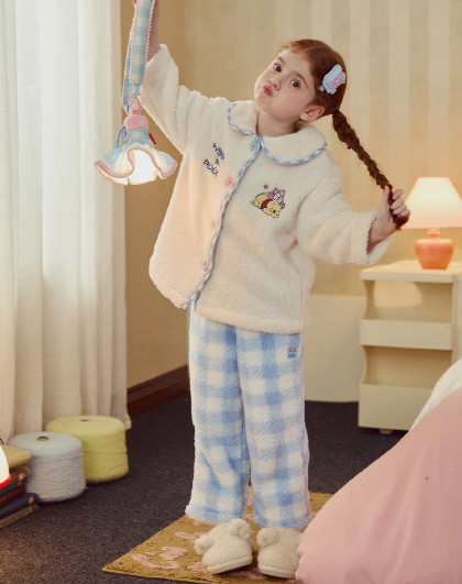 【小熊维尼系列】高品质睡衣女大童秋冬加绒加厚保暖亲子家居套装