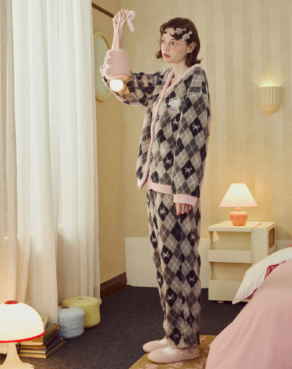 【mikko系列】睡衣女秋冬加绒加厚菱形格外穿家居套装