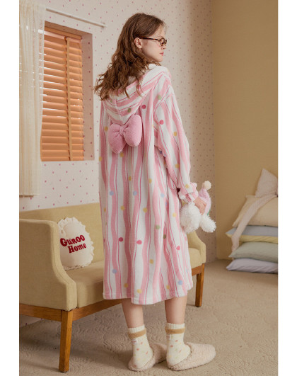 【超值捡漏】冬季珊瑚绒睡衣女厚款可外穿条纹甜美少女感家居睡袍