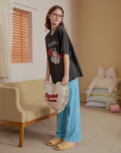 【100%纯棉】睡衣女春秋企鹅印花家居服外穿格纹高级感套装