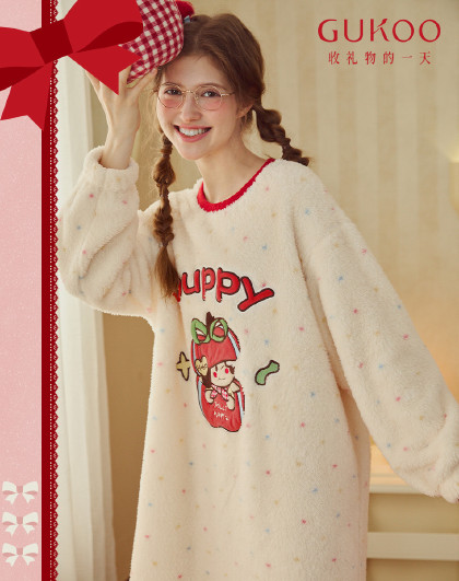 【轻红品系列】睡裙秋冬女加绒加厚小狗家居服本命年冬季红品睡裙