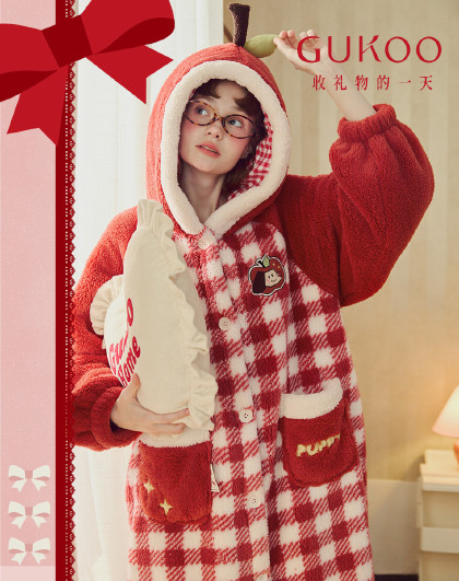 【红运系列】睡衣女秋冬加厚加绒红品结婚连帽外穿本命年家居睡袍