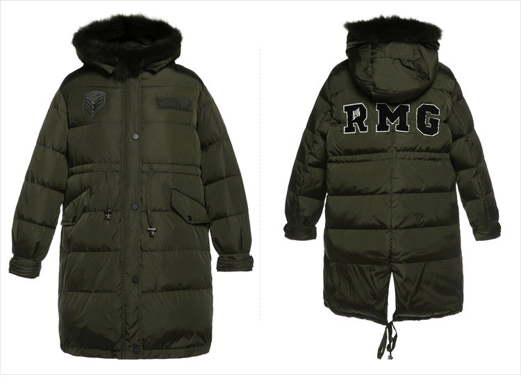 字母系带毛帽开叉羽绒服