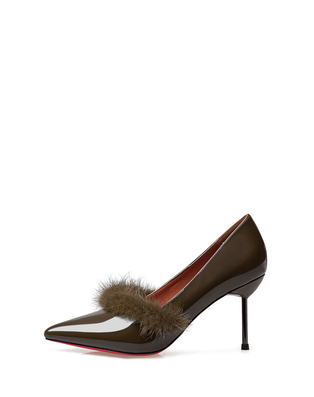 非谜FallinMiss2016冬季新款尖头毛毛粗跟绿色