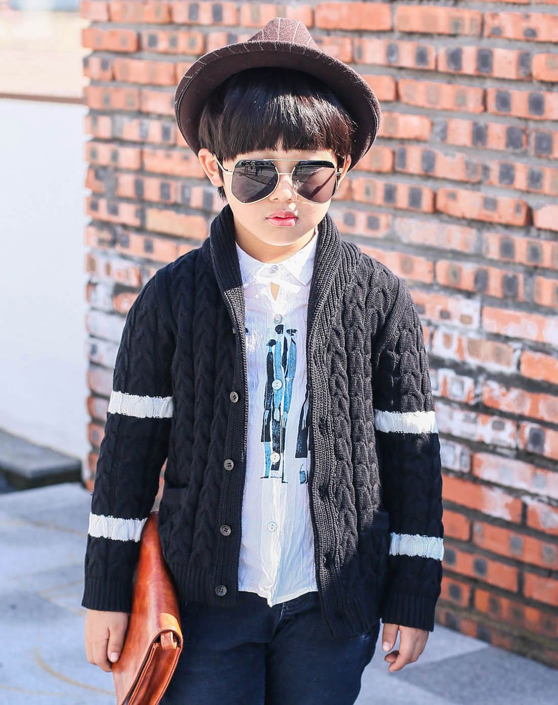 凡兔ONE-T男女男童黑色麻花青果领毛衣开衫6