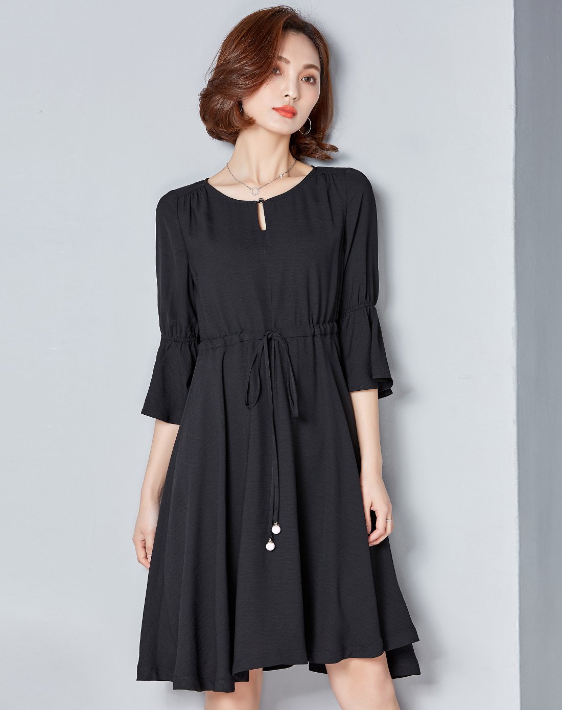 茜舞中长款春季连衣裙黑色7W1610978HEI