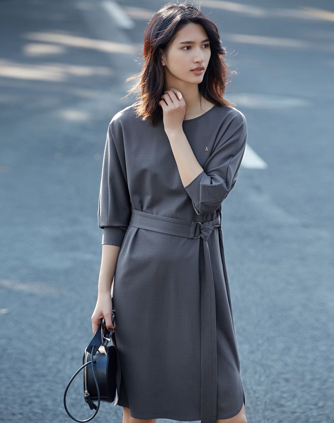 Amii腰带系带卫衣裙深灰11720854138