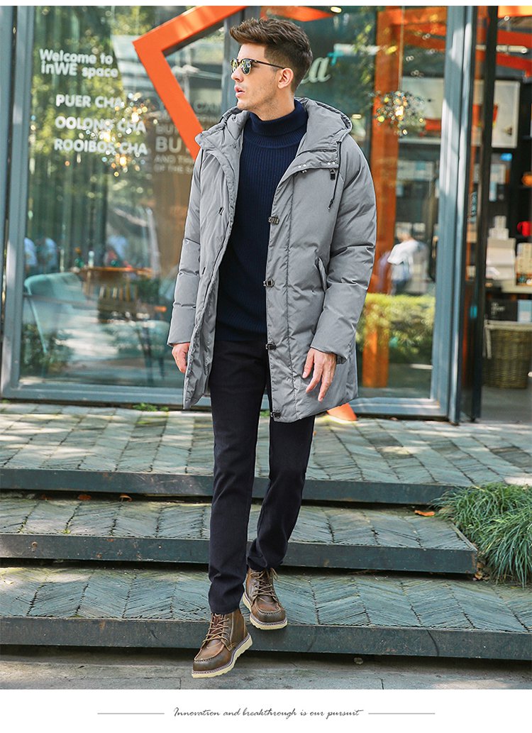 2018冬装新品 时尚百搭纯色保暖中长款男士连帽羽绒服 外套
