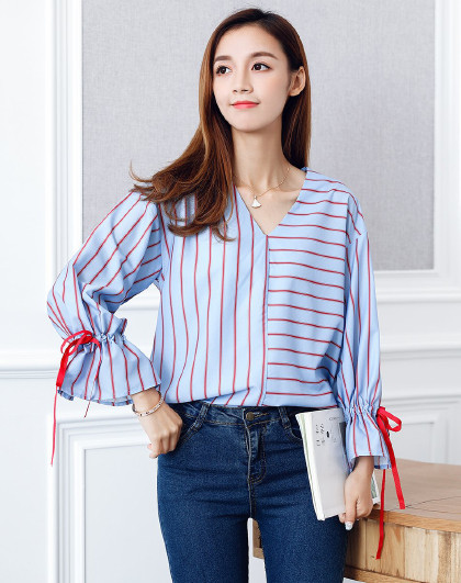 女款条纹拼接系带衬衫