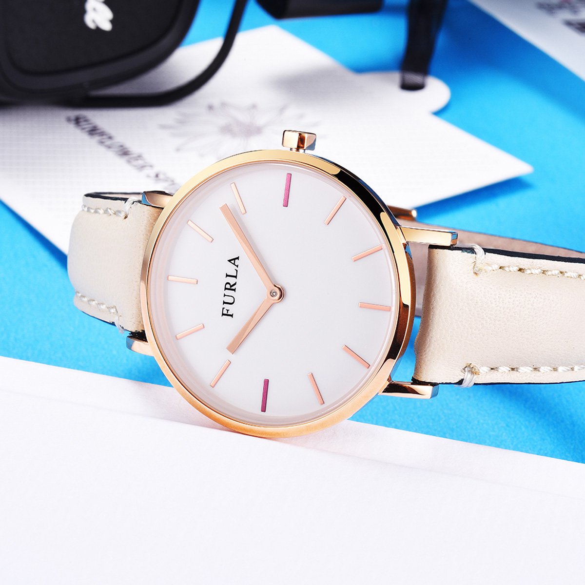 furla 芙拉 白色表盘表圈玫瑰金24mm牛皮女士石英女表